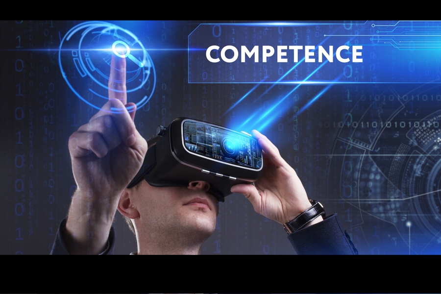 Business, Technology, Internet and network concept. Young businessman working in virtual reality glasses sees the inscription: Competence